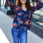 Lovely In Navy Floral Print Smocked Bubble Sleeve Woven Top