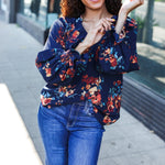 Lovely In Navy Floral Print Smocked Bubble Sleeve Woven Top