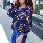 Lovely In Navy Floral Print Smocked Bubble Sleeve Woven Top