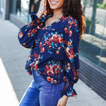 Lovely In Navy Floral Print Smocked Bubble Sleeve Woven Top