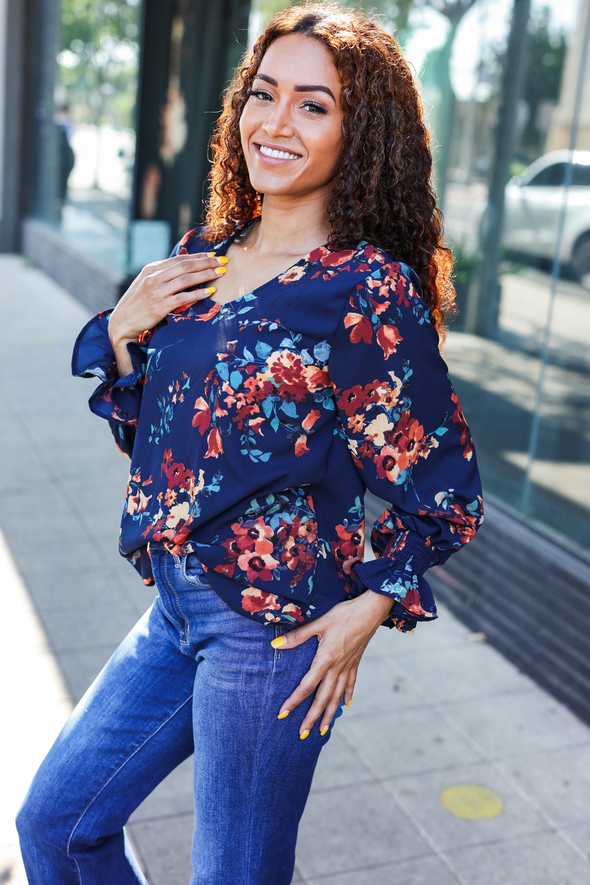 Lovely In Navy Floral Print Smocked Bubble Sleeve Woven Top