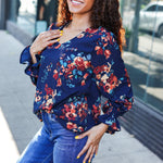 Lovely In Navy Floral Print Smocked Bubble Sleeve Woven Top