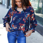 Lovely In Navy Floral Print Smocked Bubble Sleeve Woven Top