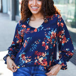 Lovely In Navy Floral Print Smocked Bubble Sleeve Woven Top