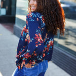 Lovely In Navy Floral Print Smocked Bubble Sleeve Woven Top