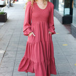 Beautiful You Lock Eyes Marsala Smocked Ruffle Sleeve Maxi Dress