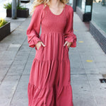 Beautiful You Lock Eyes Marsala Smocked Ruffle Sleeve Maxi Dress