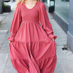 Beautiful You Lock Eyes Marsala Smocked Ruffle Sleeve Maxi Dress