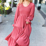 Beautiful You Lock Eyes Marsala Smocked Ruffle Sleeve Maxi Dress