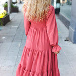 Beautiful You Lock Eyes Marsala Smocked Ruffle Sleeve Maxi Dress