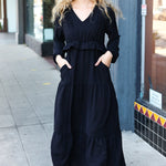 Beautiful You Black Pintuck Detail Frill V Neck Maxi Dress