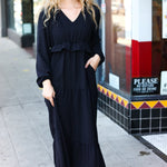 Beautiful You Black Pintuck Detail Frill V Neck Maxi Dress