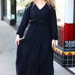 Beautiful You Black Pintuck Detail Frill V Neck Maxi Dress