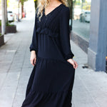 Beautiful You Black Pintuck Detail Frill V Neck Maxi Dress