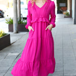 Beautiful You Berry Pintuck Detail Frill V Neck Maxi Dress