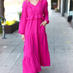 Beautiful You Berry Pintuck Detail Frill V Neck Maxi Dress