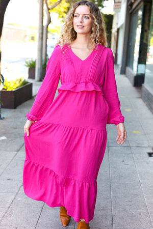 Beautiful You Berry Pintuck Detail Frill V Neck Maxi Dress