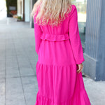 Beautiful You Berry Pintuck Detail Frill V Neck Maxi Dress