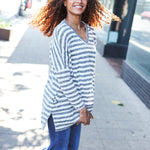 Nautical Ivory & Grey Striped Hacci Knit Tunic Top