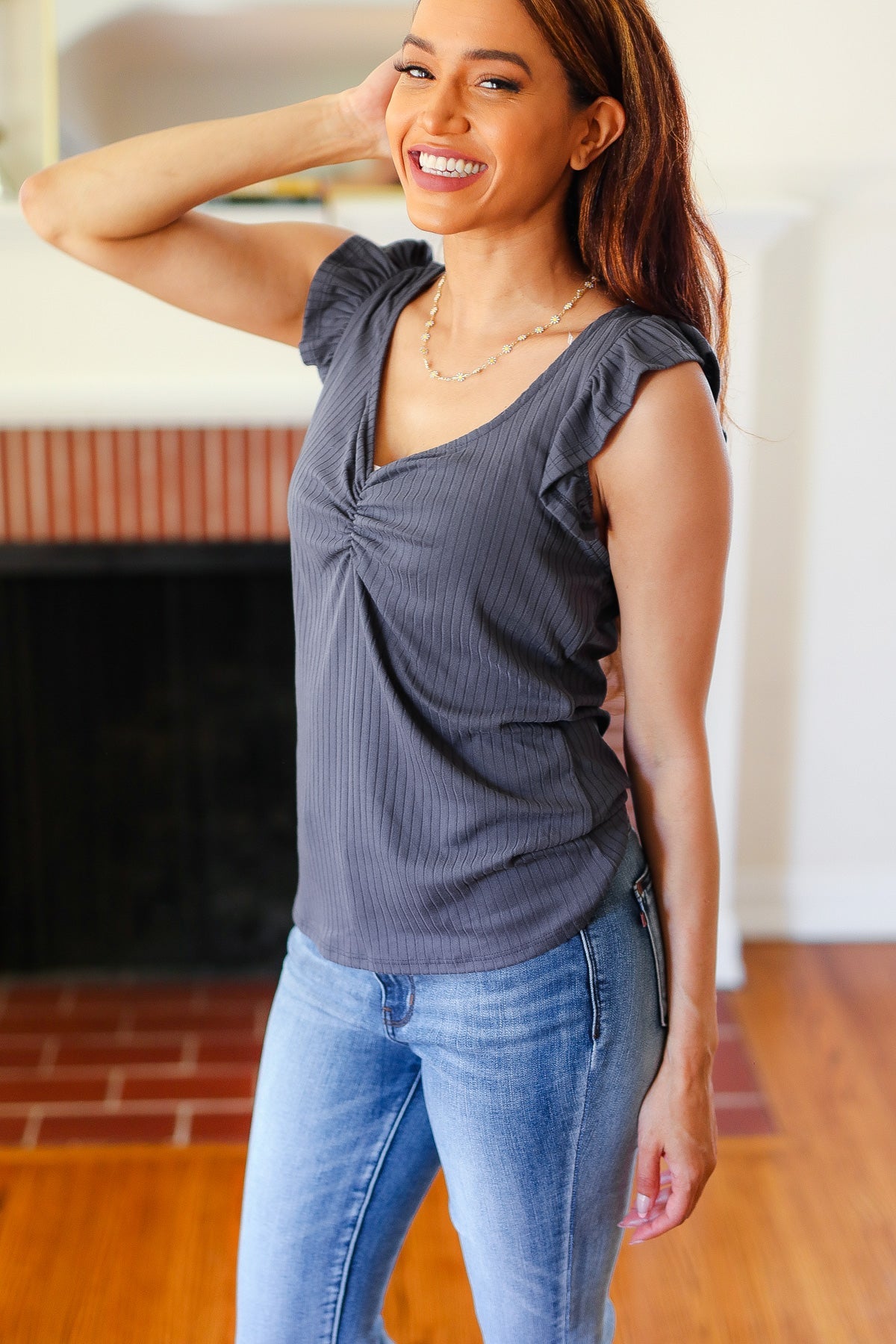 Sunny Days Charcoal Sweetheart Neckline Ribbed Top