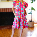 Look of Love Fuchsia Abstract Floral Print Smocked Ruffle Sleeve Dress