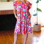 Look of Love Fuchsia Abstract Floral Print Smocked Ruffle Sleeve Dress