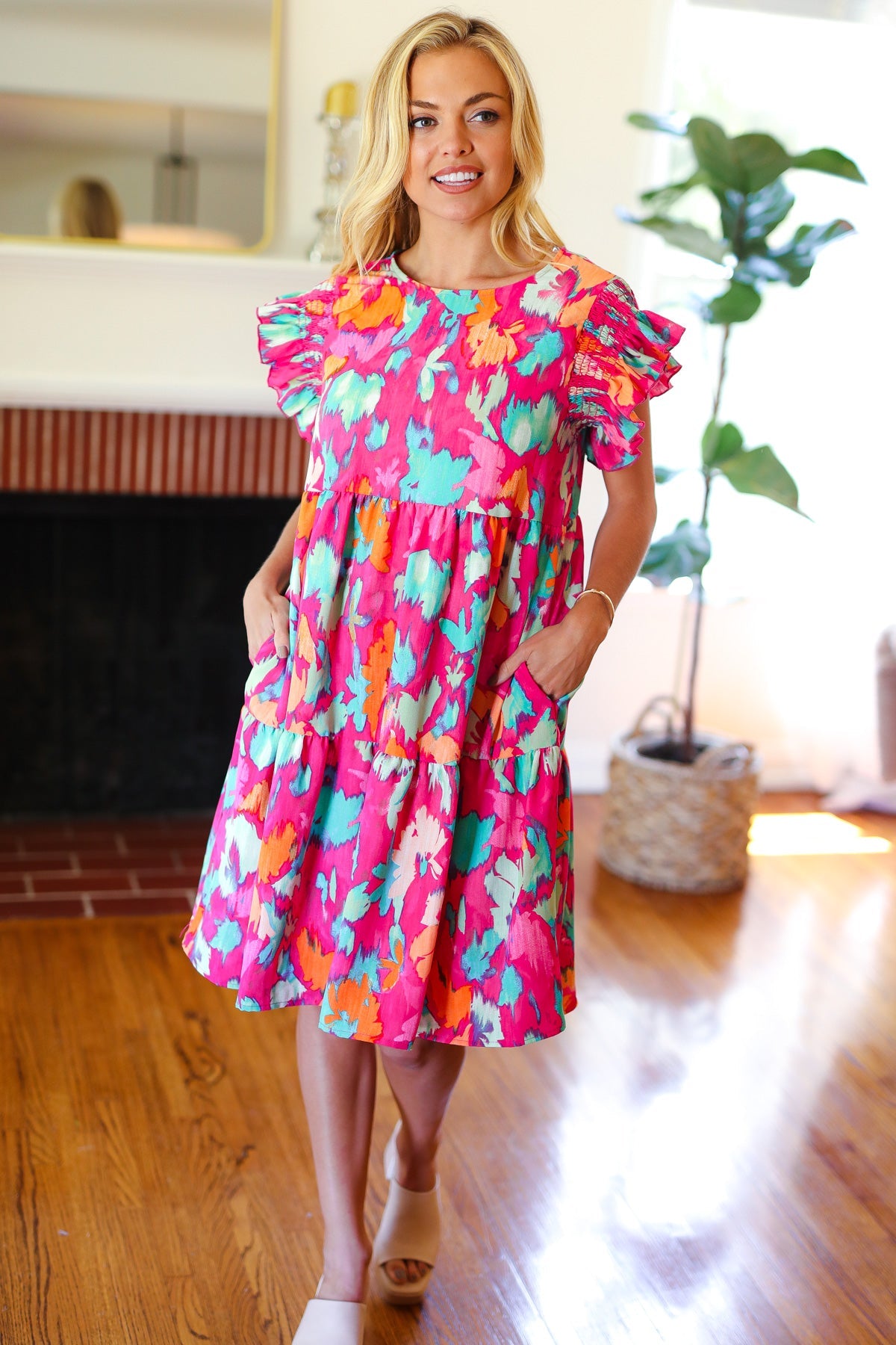 Look of Love Fuchsia Abstract Floral Print Smocked Ruffle Sleeve Dress