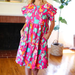 Look of Love Fuchsia Abstract Floral Print Smocked Ruffle Sleeve Dress