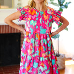 Look of Love Fuchsia Abstract Floral Print Smocked Ruffle Sleeve Dress