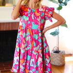 Look of Love Fuchsia Abstract Floral Print Smocked Ruffle Sleeve Dress