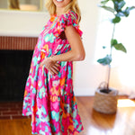 Look of Love Fuchsia Abstract Floral Print Smocked Ruffle Sleeve Dress