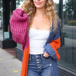 Dazzle In Magenta & Navy Chunky Knit Color Block Cardigan