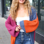 Dazzle In Magenta & Navy Chunky Knit Color Block Cardigan