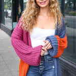 Dazzle In Magenta & Navy Chunky Knit Color Block Cardigan