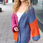 Dazzle In Magenta & Navy Chunky Knit Color Block Cardigan