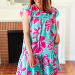 Diva Dreaming Aqua & Fuchsia Floral Print Tiered Ruffle Sleeve Dress