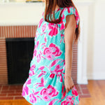 Diva Dreaming Aqua & Fuchsia Floral Print Tiered Ruffle Sleeve Dress