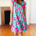 Diva Dreaming Aqua & Fuchsia Floral Print Tiered Ruffle Sleeve Dress