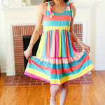 Start The Day Rainbow Stripe Shoulder Tie Tiered Dress