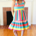 Start The Day Rainbow Stripe Shoulder Tie Tiered Dress