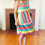 Start The Day Rainbow Stripe Shoulder Tie Tiered Dress