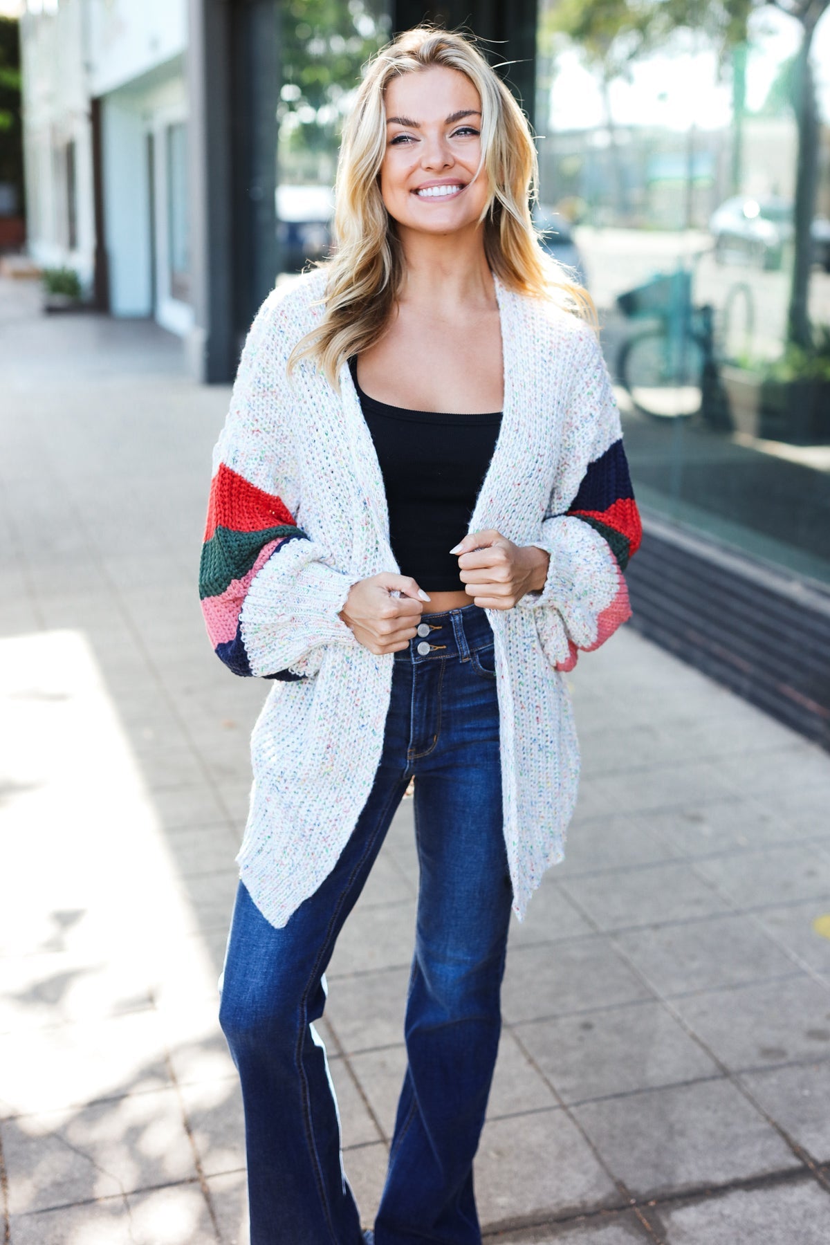 Weekend Ready Ivory Multicolor Mixed Thread Bubble Sleeve Cardigan