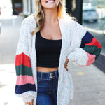 Weekend Ready Ivory Multicolor Mixed Thread Bubble Sleeve Cardigan