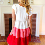 Peach & Cherry Red Tiered Frill Sleeve Midi Dress