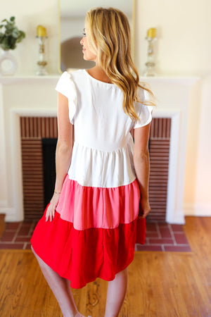 Peach & Cherry Red Tiered Frill Sleeve Midi Dress