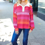 Be Bold Magenta Striped Button Down Placket Collared Top