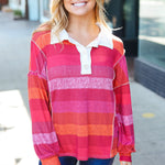 Be Bold Magenta Striped Button Down Placket Collared Top