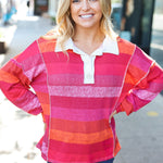 Be Bold Magenta Striped Button Down Placket Collared Top