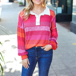 Be Bold Magenta Striped Button Down Placket Collared Top