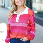 Be Bold Magenta Striped Button Down Placket Collared Top